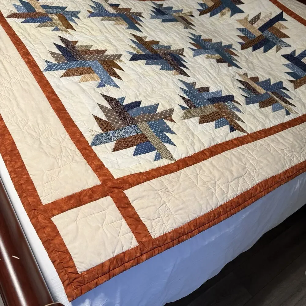 Handmade Quilt Throw Patchwork Star Pattern Cream Blue Rustic Cottage Bed Topper